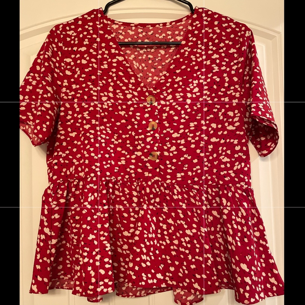 Floral Pattern Red Blouse Shein